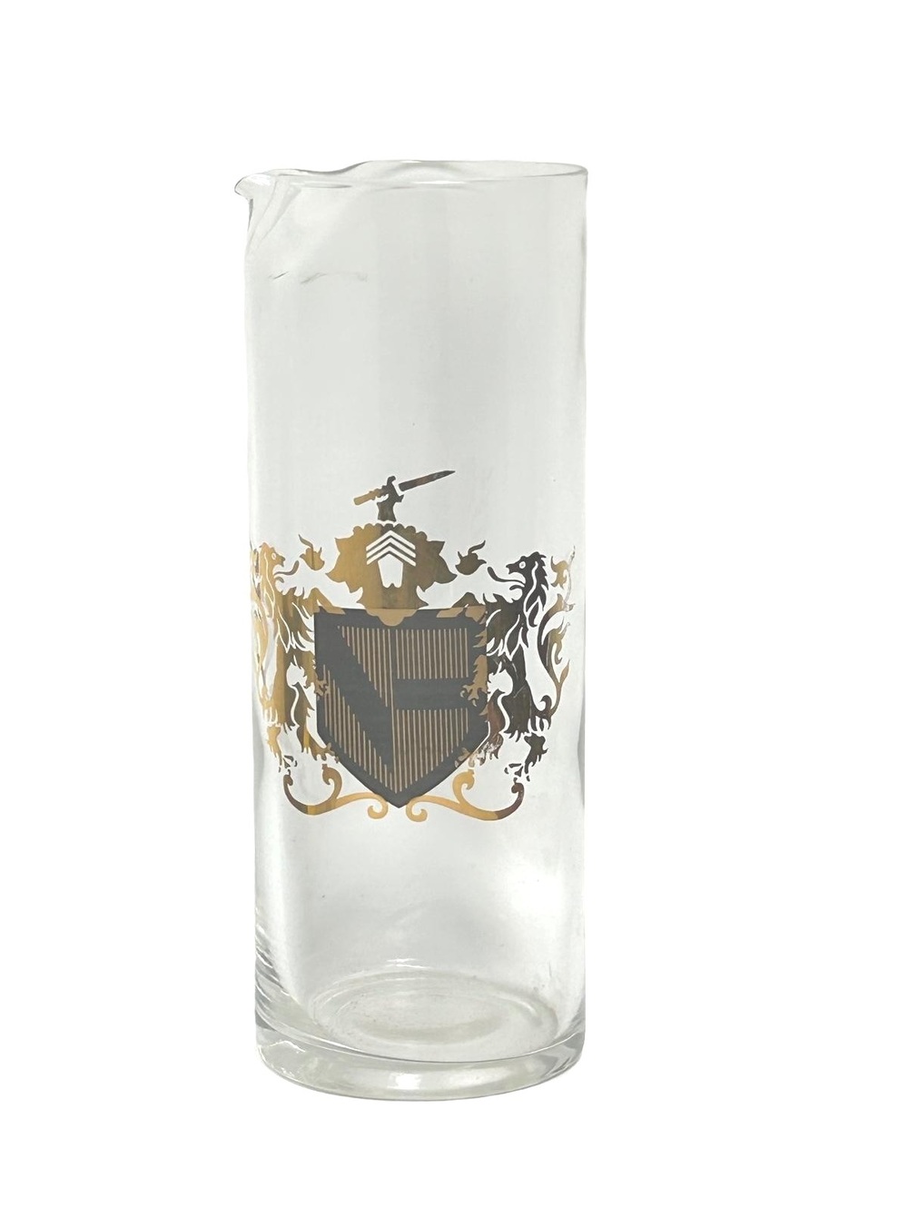 Mid-Century Federal Glass "Camelot" Cocktail Pitcher – Gold & Black Coat of Arms